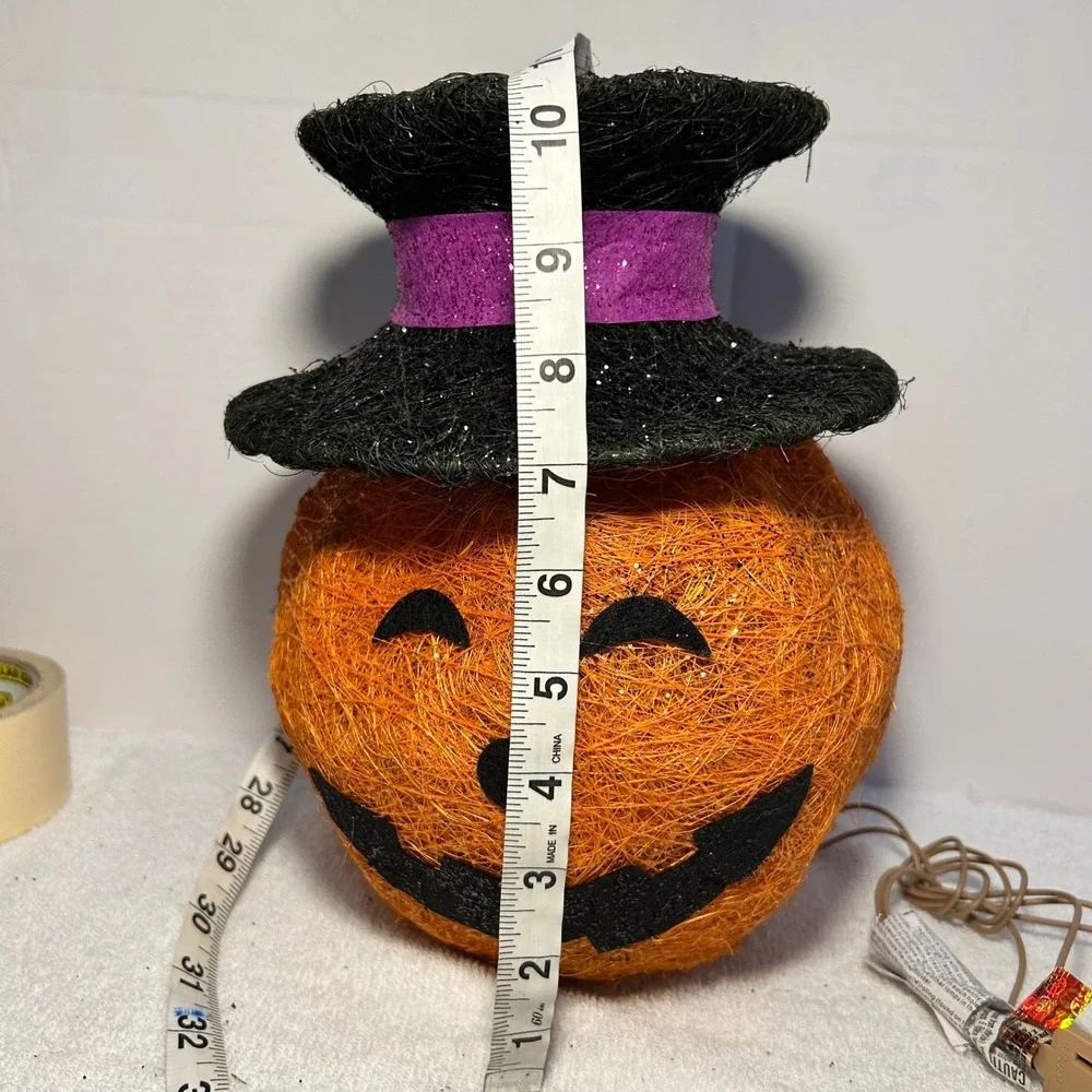 Halloween Lighted Sisal Pumpkin Jack-O-Lantern with Top Hat Decor 10.5in